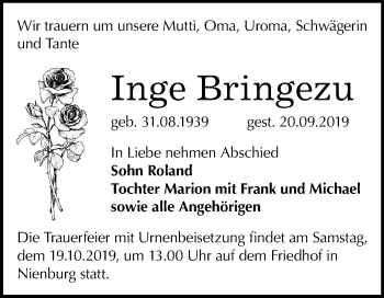 Traueranzeige von Inge Bringezu von Mitteldeutsche Zeitung Bernburg
