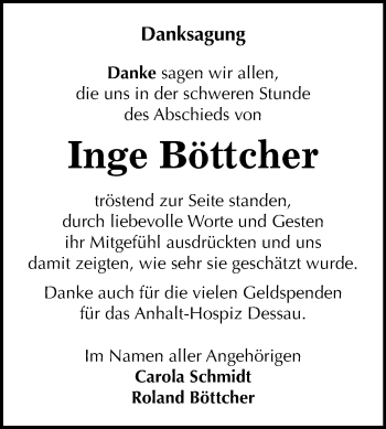 Traueranzeige von Inge Böttcher von Super Sonntag Dessau-Roßlau