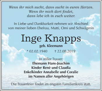 Traueranzeige von Inge Knapps von Super Sonntag Merseburg/Querfurt