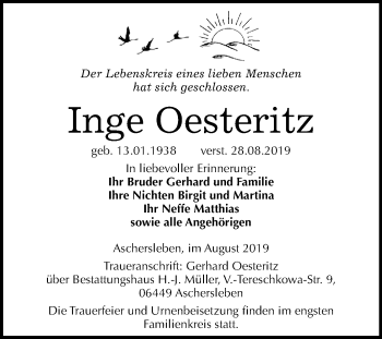 Traueranzeige von Inge Oesteritz von Super Sonntag Aschersleben