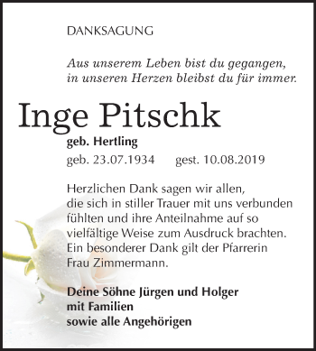 Traueranzeige von Inge Pitschk von Mitteldeutsche Zeitung Köthen