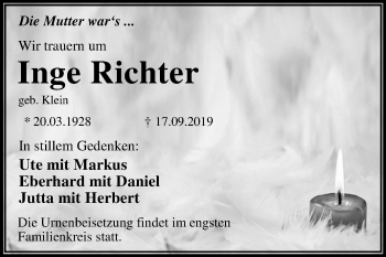 Traueranzeige von Inge Richter von Super Sonntag Dessau-Roßlau