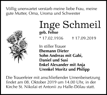 Traueranzeige von Inge Schmeil von Mitteldeutsche Zeitung Halle/Saalkreis