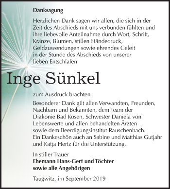 Traueranzeige von Inge Sünkel von Mitteldeutsche Zeitung Naumburg/Nebra