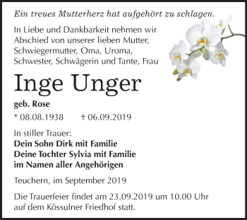 Traueranzeige von Inge Unger von Mitteldeutsche Zeitung Weißenfels