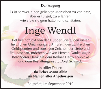Traueranzeige von Inge Wendl von Wochenspiegel Naumburg/Nebra