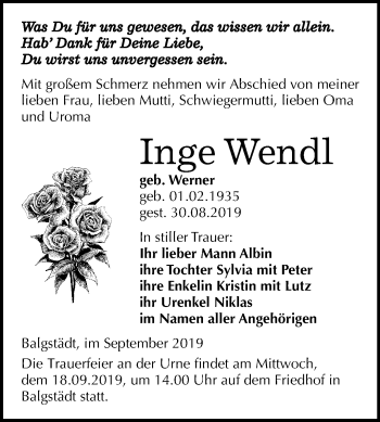 Traueranzeige von Inge Wendl von Wochenspiegel Naumburg/Nebra