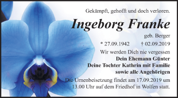 Traueranzeige von Ingeborg Franke von Mitteldeutsche Zeitung Bitterfeld