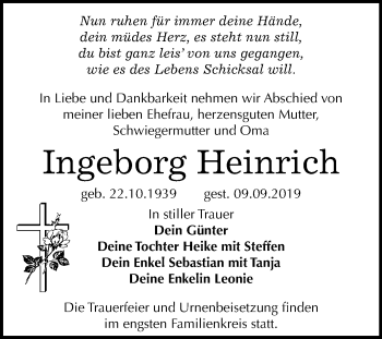 Traueranzeige von Ingeborg Heinrich von Super Sonntag Wittenberg