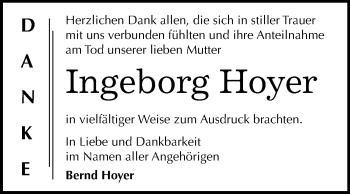 Traueranzeige von Ingeborg Hoyer von Super Sonntag Dessau-Roßlau