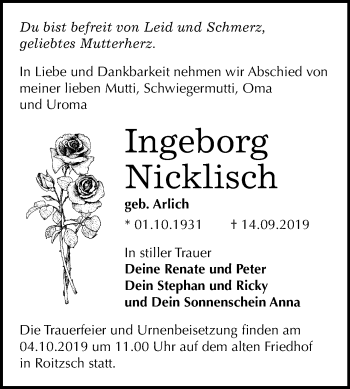 Traueranzeige von Ingeborg Nicklisch von Wochenspiegel Bitterfeld