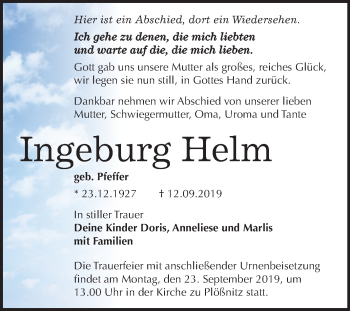 Traueranzeige von Ingeburg Helm von Mitteldeutsche Zeitung Halle/Saalkreis