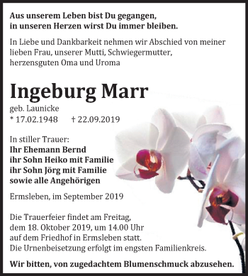 Traueranzeige von Ingeburg Marr von Super Sonntag Quedlinburg