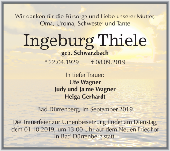 Traueranzeige von Ingeburg Thiele von Mitteldeutsche Zeitung Merseburg/Querfurt