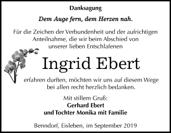 Traueranzeige von Ingrid Ebert von Mitteldeutsche Zeitung Mansfelder Land