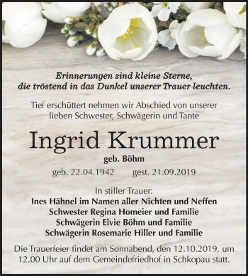 Traueranzeige von Ingrid Krummer von Super Sonntag Merseburg/Querfurt