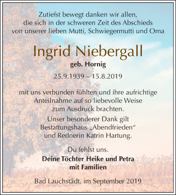 Traueranzeige von Ingrid Niebergall von Super Sonntag Merseburg/Querfurt