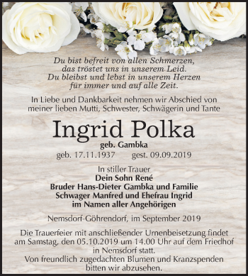 Traueranzeige von Ingrid Polka von Super Sonntag Merseburg/Querfurt