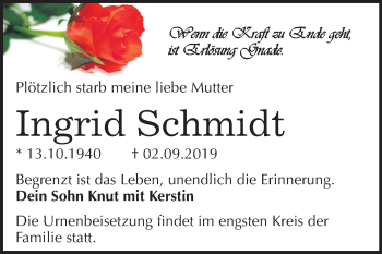 Traueranzeige von Ingrid Schmidt von Super Sonntag Wittenberg