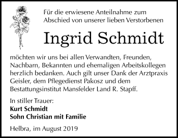 Traueranzeige von Ingrid Schmidt von Wochenspiegel Mansfelder Land