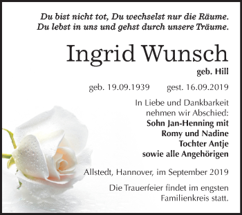 Traueranzeige von Ingrid Wunsch von Mitteldeutsche Zeitung Sangerhausen