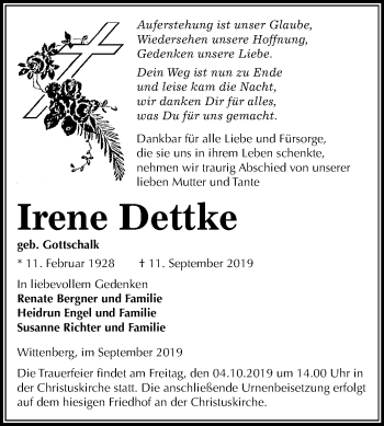Traueranzeige von Irene Dettke von Super Sonntag Wittenberg
