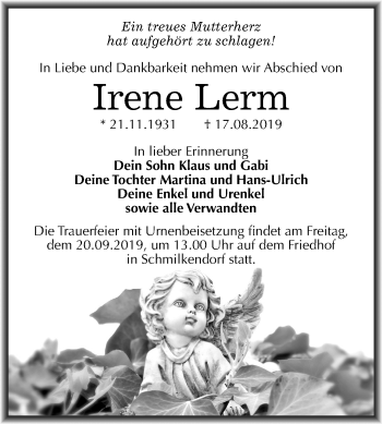 Traueranzeige von Irene Lerm von Mitteldeutsche Zeitung Wittenberg