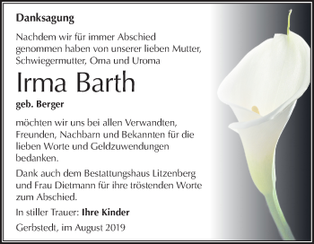 Traueranzeige von Irma Barth von Super Sonntag Mansfelder Land