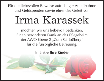 Traueranzeige von Irma Karassek von Mitteldeutsche Zeitung Quedlinburg