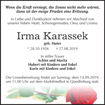 Traueranzeige von Irma Karassek von Mitteldeutsche Zeitung Quedlinburg