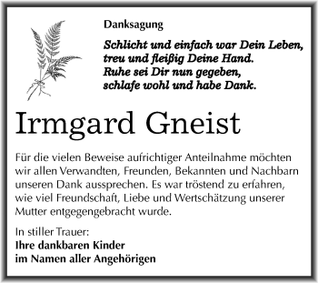 Traueranzeige von Irmgard Gneist von Mitteldeutsche Zeitung Weißenfels