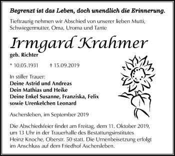 Traueranzeige von Irmgard Krahmer von Mitteldeutsche Zeitung Aschersleben