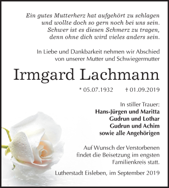 Traueranzeige von Irmgard Lachmann von Wochenspiegel Mansfelder Land