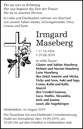 Traueranzeige von Irmgard Maseberg von Super Sonntag Quedlinburg
