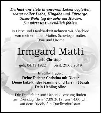 Traueranzeige von Irmgard Matti von Mitteldeutsche Zeitung Köthen