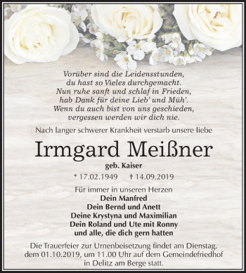 Traueranzeige von Irmgard Meißner von Mitteldeutsche Zeitung Merseburg/Querfurt