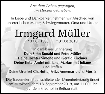 Traueranzeige von Irmgard Müller von Super Sonntag Wittenberg