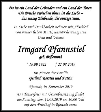 Traueranzeige von Irmgard Pfannstiel von Mitteldeutsche Zeitung Sangerhausen