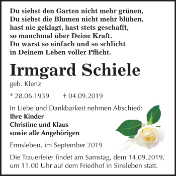 Traueranzeige von Irmgard Schiele von Wochenspiegel Quedlinburg