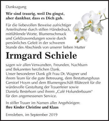 Traueranzeige von Irmgard Schiele von Super Sonntag Quedlinburg