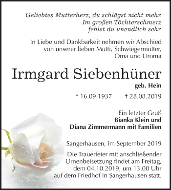 Traueranzeige von Irmgard Siebenhüner von Super Sonntag Sangerhausen