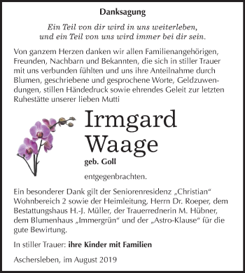 Traueranzeige von Irmgard Waage von Mitteldeutsche Zeitung Aschersleben