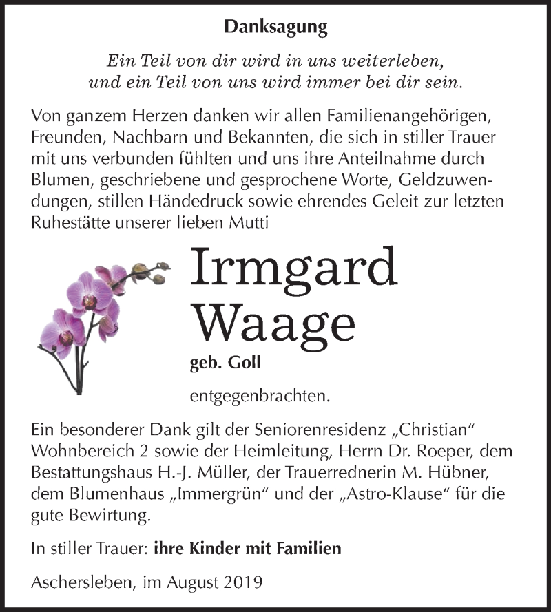  Traueranzeige für Irmgard Waage vom 05.09.2019 aus Mitteldeutsche Zeitung Aschersleben