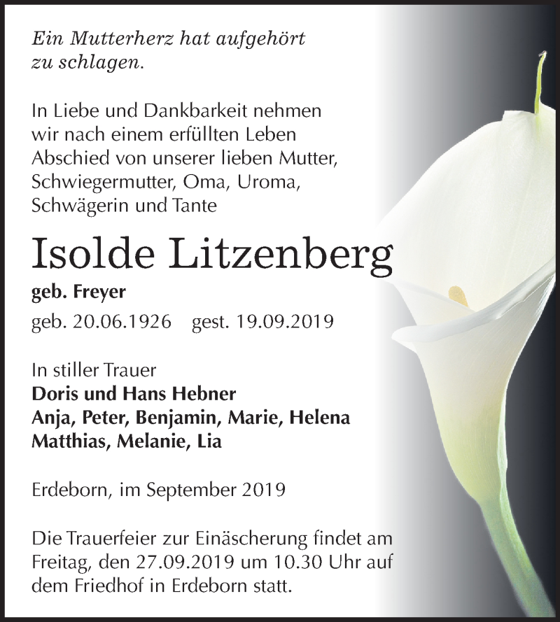  Traueranzeige für Isolde Litzenberg vom 21.09.2019 aus Mitteldeutsche Zeitung Mansfelder Land