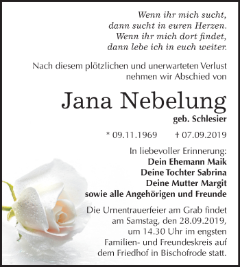 Traueranzeige von Jana Nebelung von Mitteldeutsche Zeitung Mansfelder Land