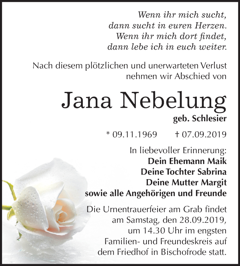  Traueranzeige für Jana Nebelung vom 21.09.2019 aus Super Sonntag Mansfelder Land