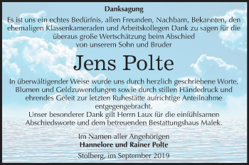 Traueranzeige von Jens Polte von Mitteldeutsche Zeitung Sangerhausen