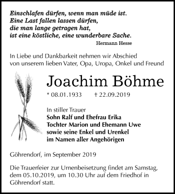Traueranzeige von Joachim Böhme von Mitteldeutsche Zeitung Merseburg/Querfurt