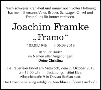 Traueranzeige von Joachim Framke von Mitteldeutsche Zeitung Dessau-Roßlau