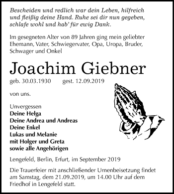 Traueranzeige von Joachim Giebner von Mitteldeutsche Zeitung Sangerhausen